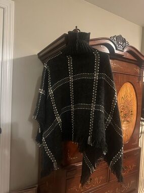 Cozy Black Plaid Turtleneck Poncho Sweater